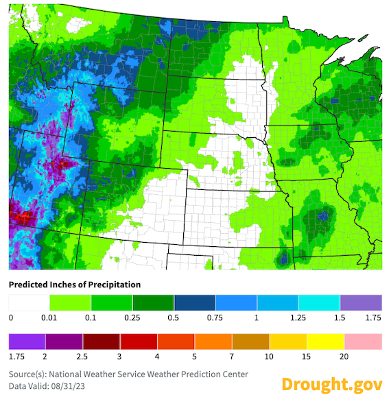Western and upper portions of the Basin may see some limited precipitation from August 31-September 7, but widespread significant rainfall is limited over the next week.