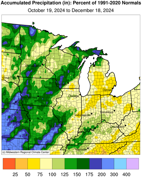  From October 19-December 18, 2024, precipitation was above normal (150-300% of normal) across portions of Missouri, Iowa, Wisconsin, Minnesota, and the Upper Peninsula of Michigan, resulting in drought improvement in these areas. On the other hand, precipitation was below normal (50-75% of normal) in Michigan, northern Indiana, and portions of Illinois, Ohio, and Kentucky, and drought persisted or worsened in these areas.