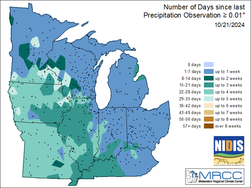 Portions of Minnesota, Iowa, and Missouri have gone 4-5 weeks without measurable precipitation, which is an observation above 0.01 inches. Other areas within Illinois and Wisconsin have gone up to 2 weeks without measurable precipitation.