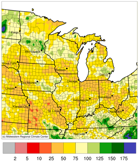 From July 19-September 17, 2024, a majority of the Midwest region received below-normal precipitation. Many areas received only 25-75% of normal precipitation.