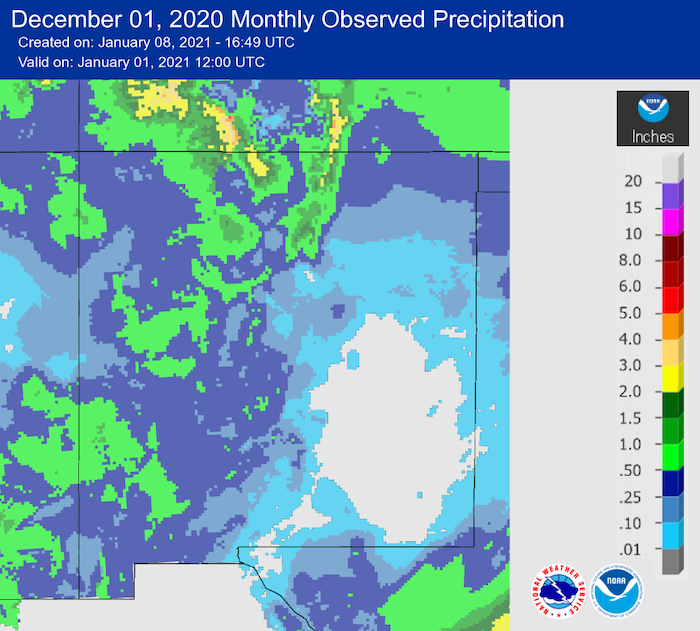 New Mexico observed precipitation for December 2020.
