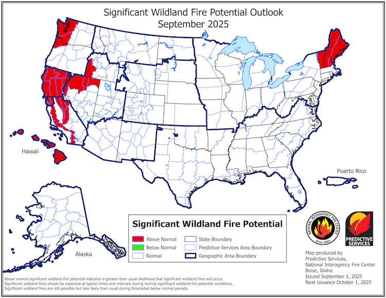 Above-normal significant wildland fire potential is expected for Maine, New Hampshire, and Vermont in September.