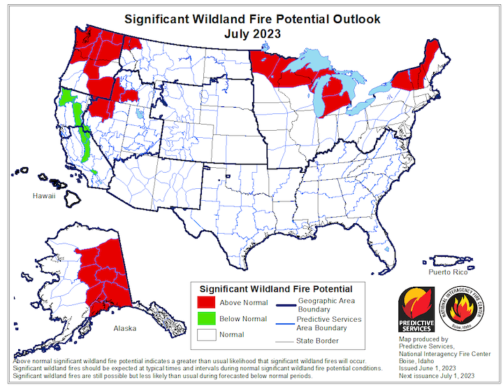 The Significant Wildland Fire Potential Outlook shows the potential for above-normal fire potential in the Upper Midwest (northern Minnesota, northern Wisconsin, and Michigan) in July.