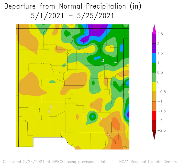May month-to-date precipitation anomalies for New Mexico, as of May 25, 2021. Precipitation has been 0.5 to 2 inches above average for north eastern New Mexico and up to 1 inch below average for the rest of the state.
