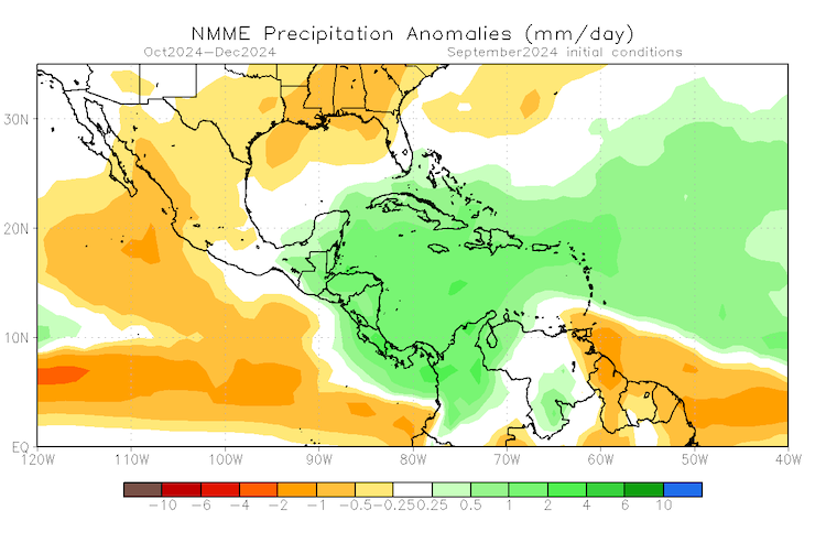 For October to December 2024, above-normal precipitation is forecast for the Caribbean.