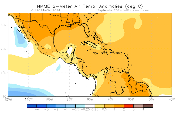 For October to December 2024, above-normal air temperatures are forecast for the Caribbean.