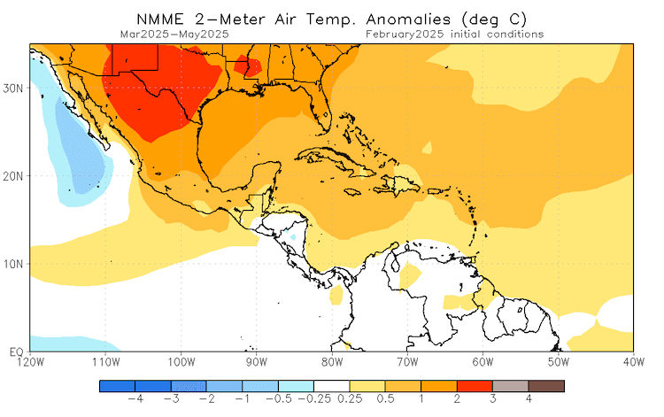 The trend of above-normal temperatures is forecast to continue across the Caribbean in March–May 2025.