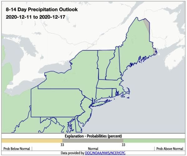 NOAA Climate Prediction Center 8-14 day precipitation outlook for the Northeast U.S. Above normal precipitation is projected for the entire region.