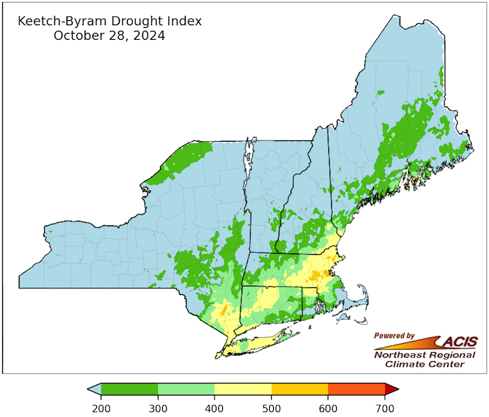 Southern New York and much of southern New England have a Keetch Byram Drought Index value between 300 to 600. KBDI values between 400 and 600 are typical of late summer and early fall when leaf litter and duff conditions are dry, burn actively, and can contribute to fire intensity. Brushfire and wildfire activity remain a threat in these areas.