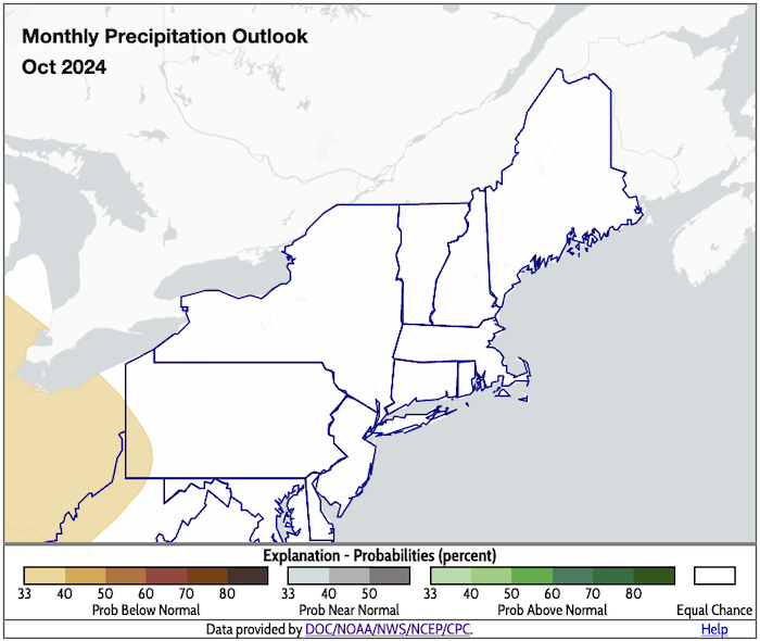 Odds favor equal chances of above-, below-, or near-normal precipitation across the Northeast in October 2024.