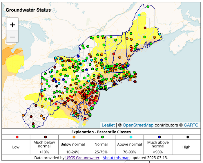 Groundwater status across the region ranges from much below normal (less than 10th percentile) to much above normal.