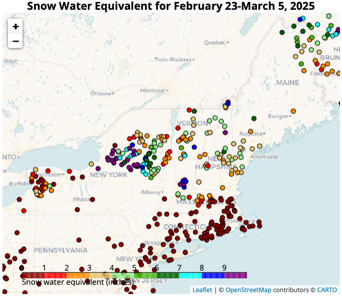 Snowpack liquid water equivalents vary across the region. Southern New England and southeast New York had the greatest density of reports below 2 inches of liquid water.