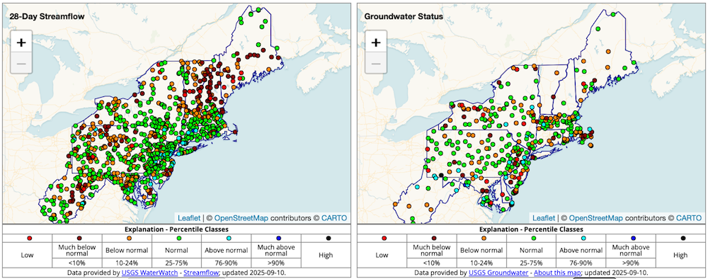 28-day streamflows are much-below normal to low across areas of Maine, New Hampshire, Vermont, Massachusetts, and New York. Groundwater levels are a mix of normal to low across the region. Groundwater levels are lowest in southern Maine and northern and western New York.