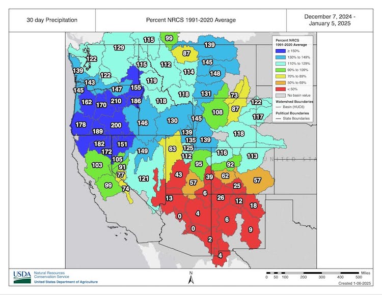 This map shows 30-day precipitation at selected SNOTEL stations in or near the basin as a percentage of the normal value for those stations on the same date from 1991-2020. Many basins in the Rocky Mountains have less than 70% of normal precipitation, and all of Arizona, and New Mexico basins show precipitation below 50% of normal. 