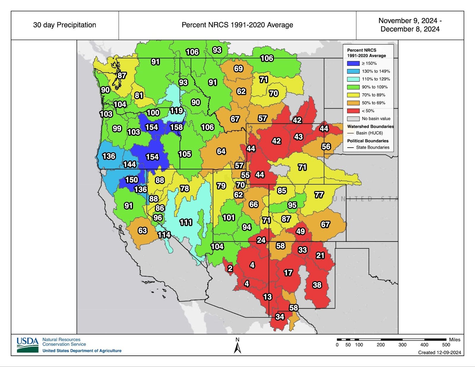 This map shows 30-day precipitation at selected SNOTEL stations in or near the basin as a percentage of the normal value for those stations on the same date from 1991-2020. Many basins in the Rocky Mountains have less than 70% of normal precipitation, and some Wyoming, Artizona, and New Mexico basins show precipitation below 50% of normal. Significantly high percentages (such as in Oregon) can occur mathematically when the median is zero or near zero and are typical during the early snow season.