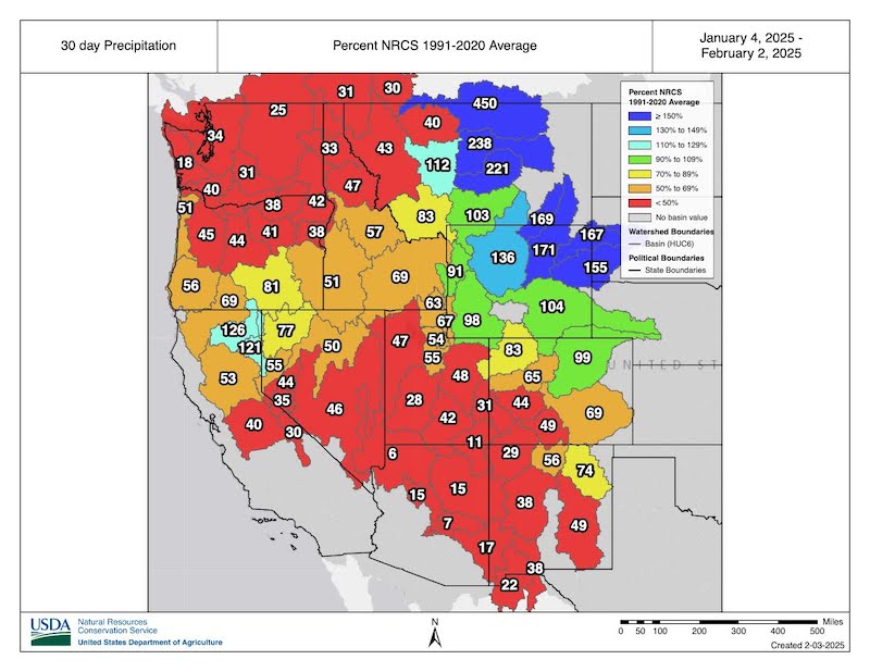 This map shows 30-day precipitation at selected SNOTEL stations in or near the basin as a percentage of the normal value for those stations on the same date from 1991-2020. Many basins across the west have less than 50% of normal precipitation, and all of Arizona basins show precipitation below 20% of normal. 