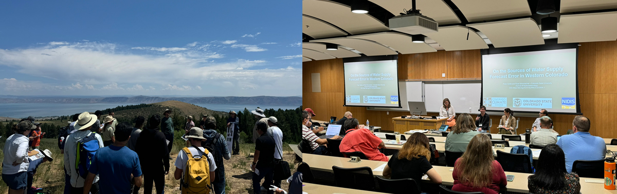 On the left, workshop attendees gather outside to learn about the Three Creeks Grazing Project. On the right, workshop attendees sit at tables listening to a presentation on sources of water supply forecast error in western Colorado.