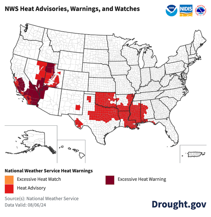 Map of National Weather Service heat warnings for U.S. counties. As of August 6, 2024, parts of California, Nevada, Arizona, and Utah were under Excessive Heat Warnings. Parts of the South had Heat Advisories.