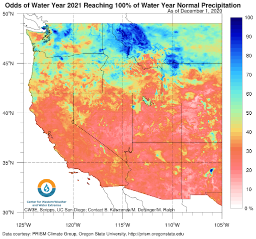 Map of the western U.S. showing the odds of Water Year 2021 reaching 100% of water year normal precipitation. The odds of reaching normal precipitation is between 20-30% throughout the region.