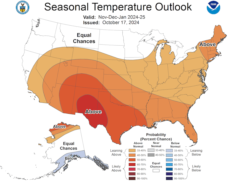 Seasonal forecasts favor above-normal temperatures throughout most of California-Nevada over the next three months, November–January.