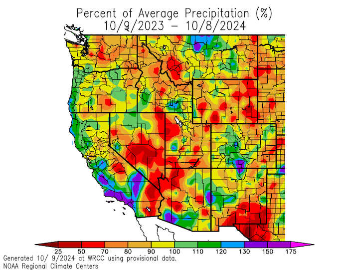 According to the Western Regional Climate Center, Water Year 2024 was overall drier than normal across much of the Intermountain West, with areas of wetter than normal precipitation. 