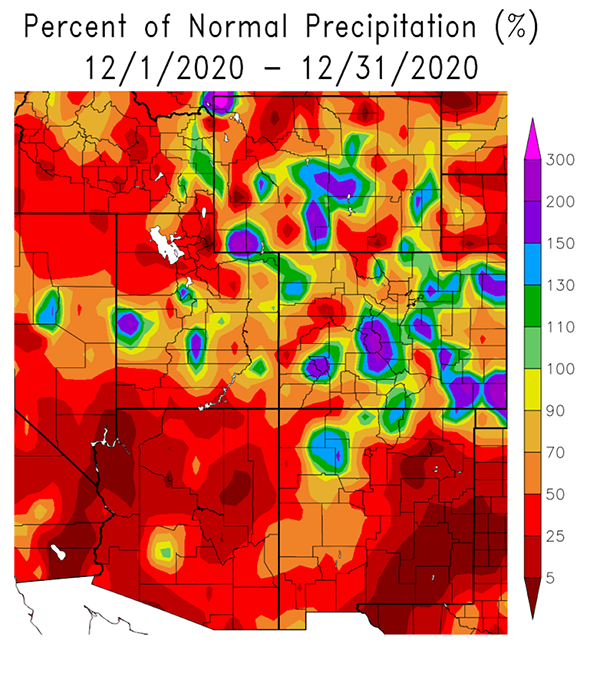 Percent of normal precipitation, December 2020, for the Intermountain West DEWS region.