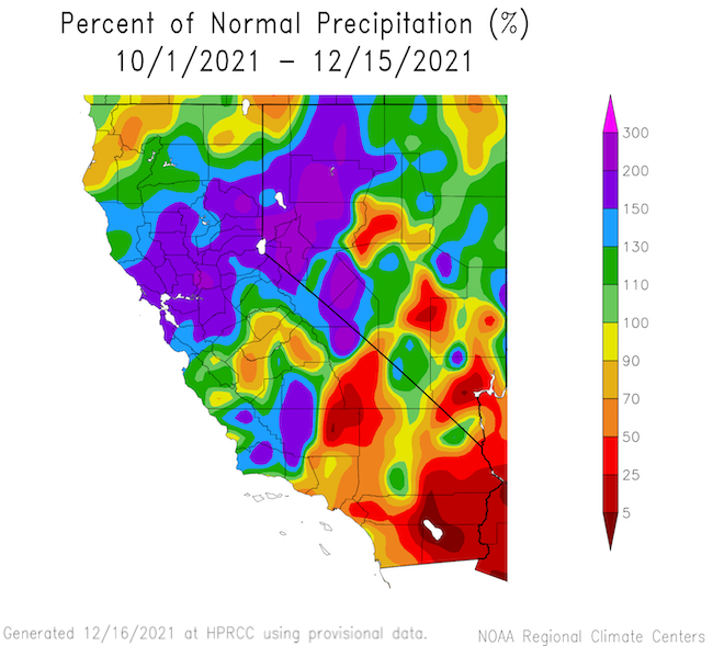 The image shows the percent of normal precipitation for California and Nevada over 10/1/2021 - 12/15/2021. County outlines are shown with a color bar from <5% (red) to >300% (pink). Southern California-Nevada remains with less than normal precipitation compared to other parts of the region. 