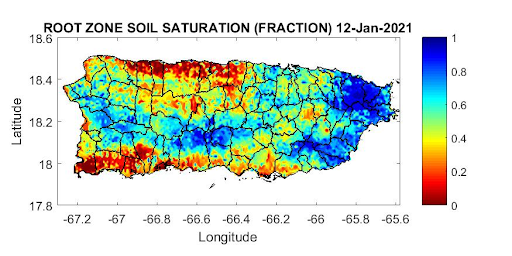 Root zone soil saturation for Puerto Rico, as of January 12, 2021. Shows low saturation levels across the north central and southwest.