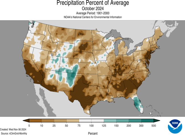  Except for the Florida Peninsula and portions of the Interior West, which received up to 150% of normal precipitation, the U.S. was drier than average. Most of the country received 75% of normal precipitation, while portions of the South, Northeast, and Northern Rockies received 5% of average precipitation. 