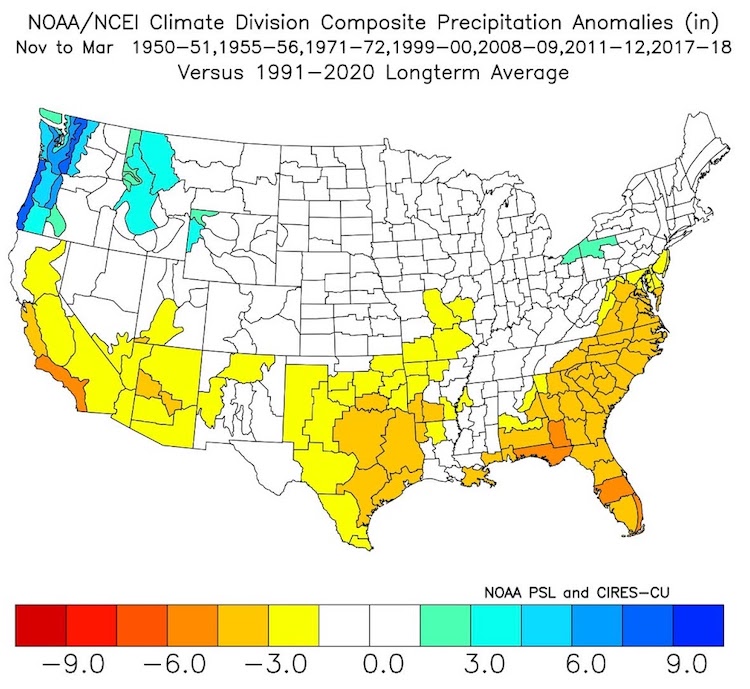 wo maps of the U.S. show composite precipitation anomalies (November through March) from seven back to back La Niña years. The bottom map shows the second year.  Both years of back-to-back La Niñas show above-average precipitation primarily in western WA and OR and from TX across the southeast. The 2nd year shows dryness additionally across southern/central CA, far S NV. and AZ.   