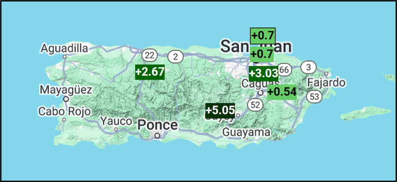 Precipitation totals over the past two months were above average across Puerto Rico.