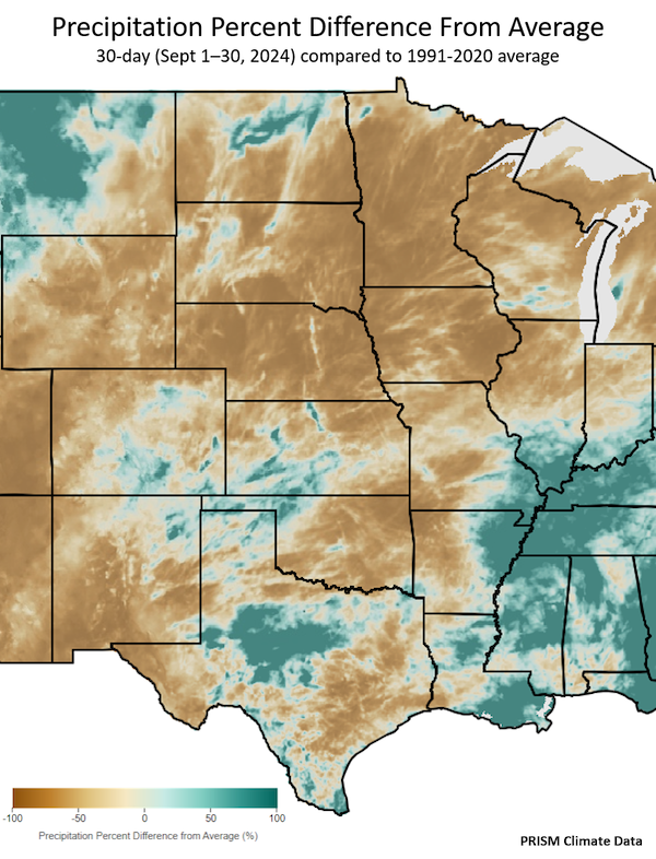 From September 1-30, 2024, precipitation was less than 50% of normal in eastern Texas, Oklahoma, and Kansas, western Missouri, and Arkansas, and most of Nebraska, Iowa, South Dakota, Minnesota, and southern North Dakota. 