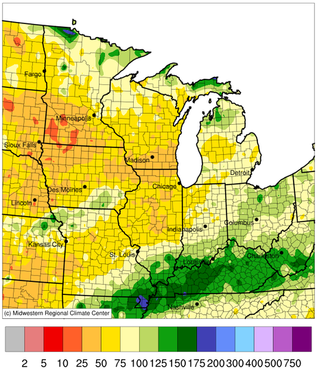 Accumulated precipitation was only 10 to 75% of normal across portions of Minnesota, Iowa, Wisconsin, Illinois, and Missouri this winter (December 1, 2024-February 28, 2025). Much of the Ohio River Basin, particularly Kentucky, received 125-175% of normal precipitation.