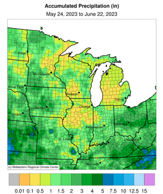 Portions of the central Midwest (Illinois, Michigan, Minnesota, Wisconsin) have only received 0.1-0.5 inches of precipitation in the last 30 days.