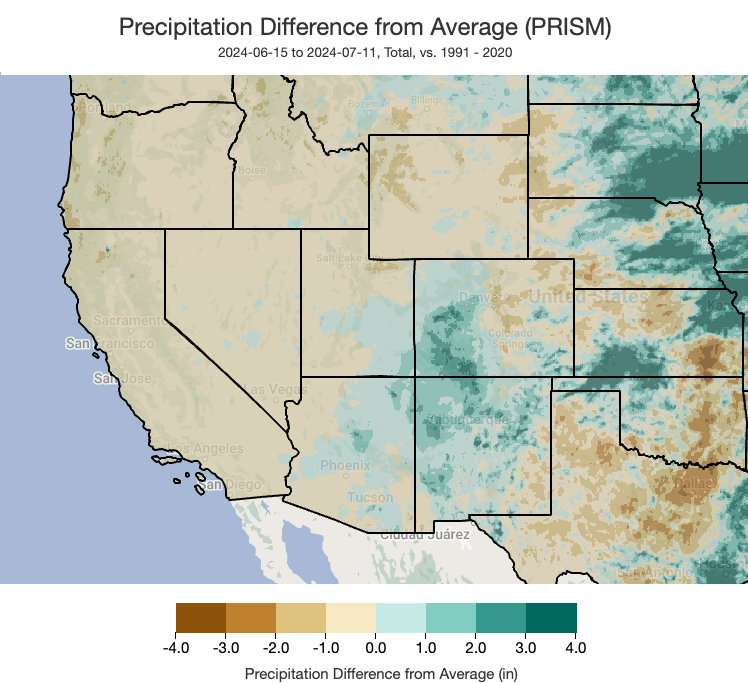 Much of the Four Corners states saw near to above normal precipitation since the start of monsoon season on June 15.