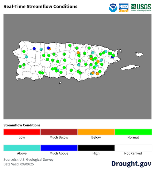 Los caudales actuales son normales en la mayor parte de Puerto Rico. Algunos caudales están por debajo de lo normal en el este-interior y el sureste de Puerto Rico.