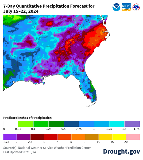 From July 15-22, the National Weather Service predicts up to 4 inches or more of rainfall in parts of the coastal Carolinas and southeast Virginia.