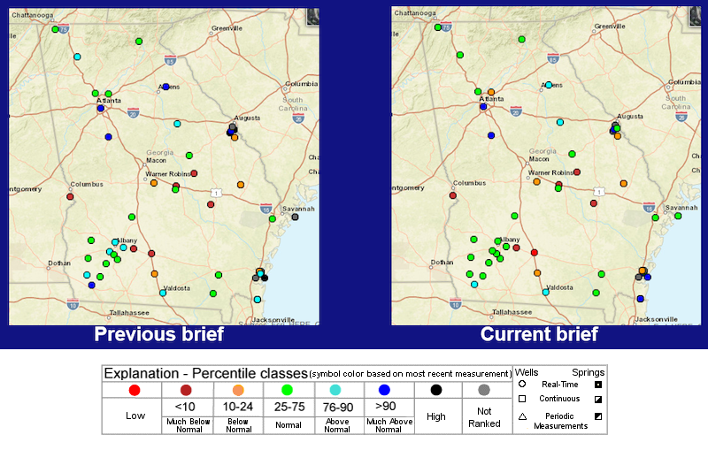 Real-time groundwater levels across the ACF basin range from much above normal to much below normal, with most stations in the normal range.