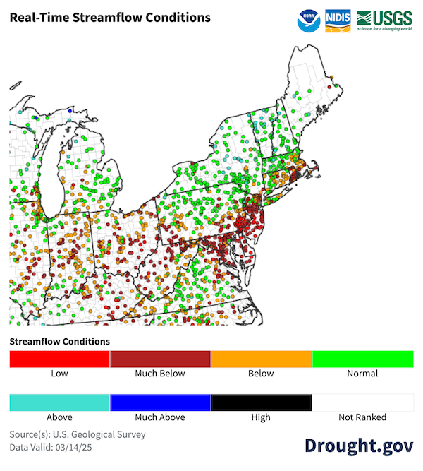 Most streams show normal to above normal (25th to greater than 90th percentile class) conditions. A concentration of sites in southern New England depict below to much below normal (less than 25th percentile class) flows.