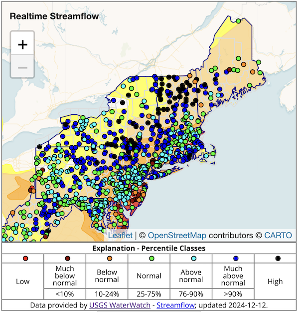  Streamflows across the region are recovering with recent rains. Percentiles in the normal (25-75%) to high (greater than 90%) ranges are dominant in the region.