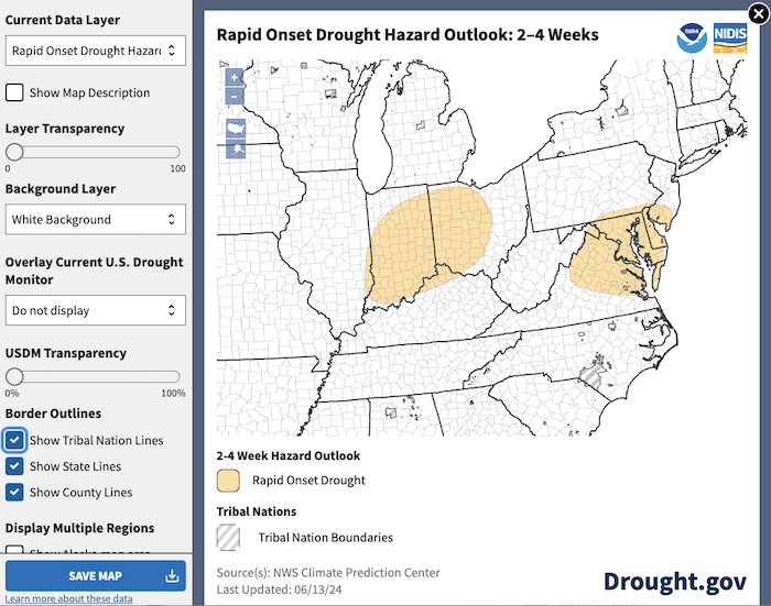 The Drought.gov version of the Rapid Onset Drought map allows users to zoom in and pan, adjust the basemap and layer transparency, and add state, county, and tribal boundary lines.