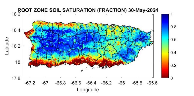 Dry soils persist along the southern plains of Puerto Rico, from Patillas to Cabo Rojo, and across portions of Mayagüez, Rincón, and Aguada. Some dryness is also visible across the northern plains, from Aguadilla through the San Juan metropolitan area. The rest of the soils have healthy levels of moisture