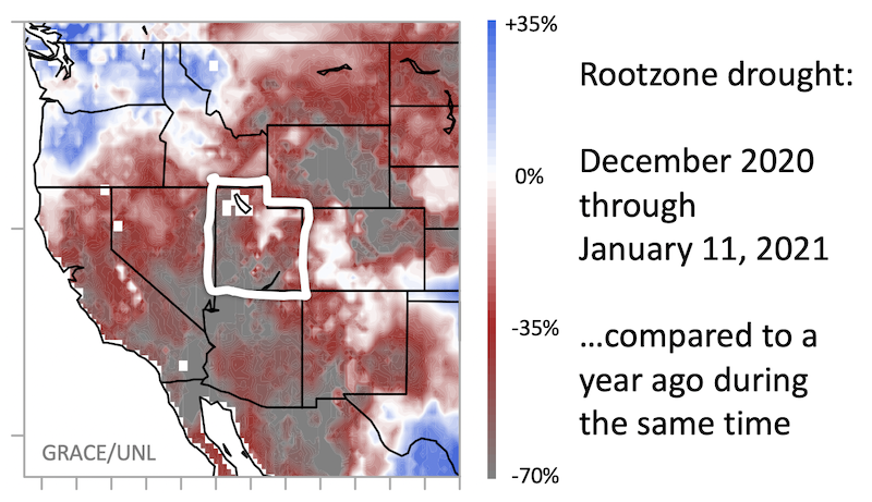 The difference in the rootzone soil moisture percentile from a year ago (12/1/2020-1/11/2021 minus 12/1/2019-1/11/2020), showing that southwest Utah soil moisture has dropped considerably (~70%) compared to last year.