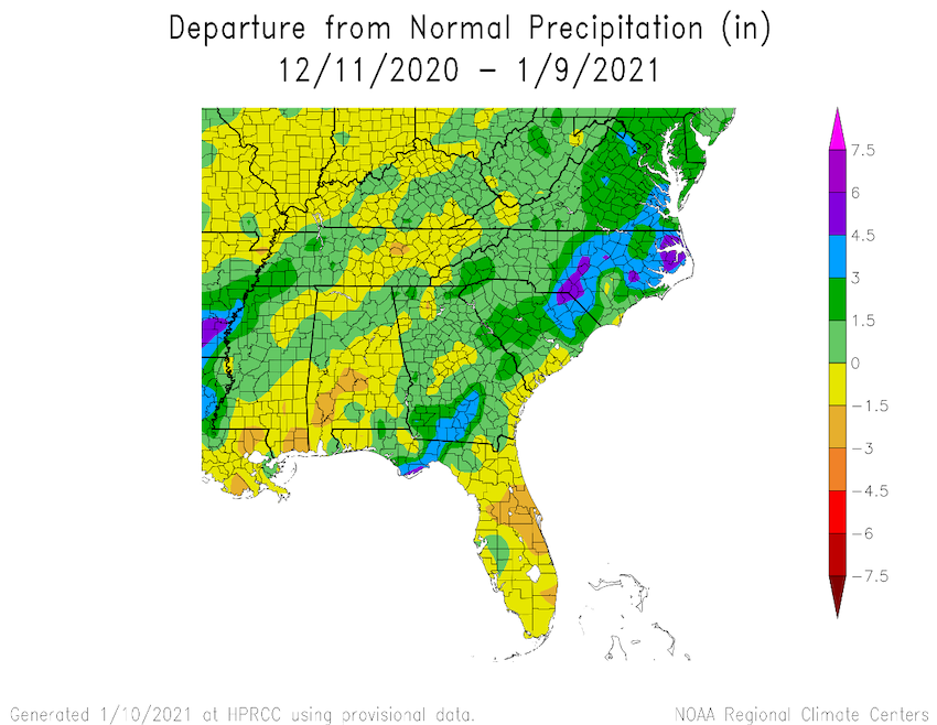 Precipitation departures from normal across the Southeast from December 11 to January 9. Shows above normal precipitation in Virginia, the Carolinas, and most of Georgia, with some below-normal precipitation in parts of Florida and Alabama.