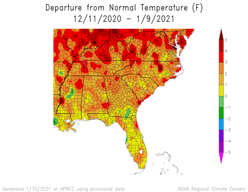Map of Southeast U.S. showing departure from normal temperature from December 11 to January 9. Above-normal temperatures were present throughout most of the region.