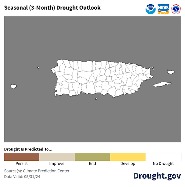 No drought development is predicted for Puerto Rico in June–August 2024.
