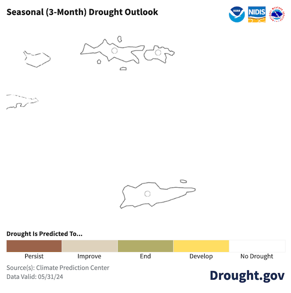 No drought development is predicted for the U.S. Virgin Islands in June–August 2024.