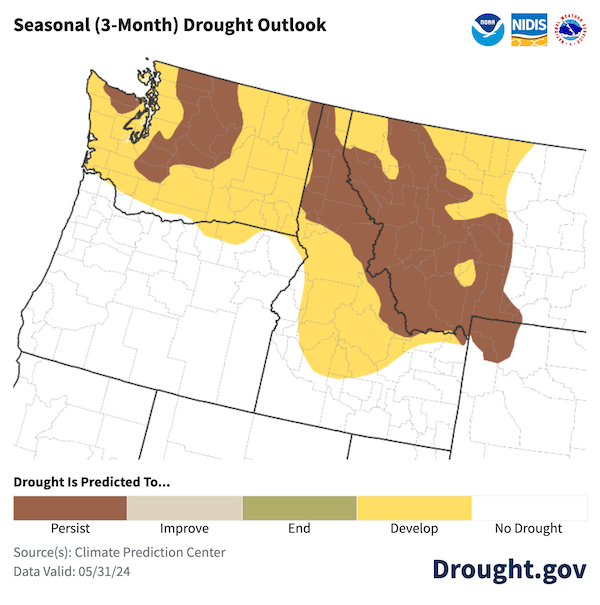 NOAA’s Climate Prediction Center predicts that drought will persist or develop across all of Washington and from the Idaho panhandle south into central Idaho from June 1 - August 31, 2024.