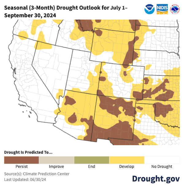 Drought is predicted to persist or develop in much of the Southwest from July to September, with the greatest areas of new drought development over Arizona, New Mexico, and Wyoming.