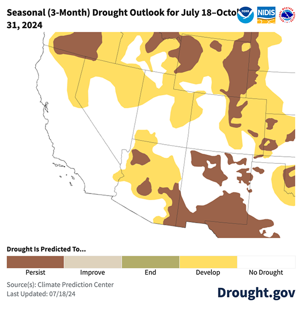  Drought is predicted to persist or develop in much of the Southwest from July to September, with the greatest areas of new drought development over Arizona, Utah, Northern California, and Colorado.